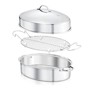 NutriChef Oval Roasting Pan, Roaster with Polished Rack, Wide Handle and Stainless Steel Lid, Turkey Chicken Roasting Pan Great for Dinners, Tender Roast, Deep Dishes, and More