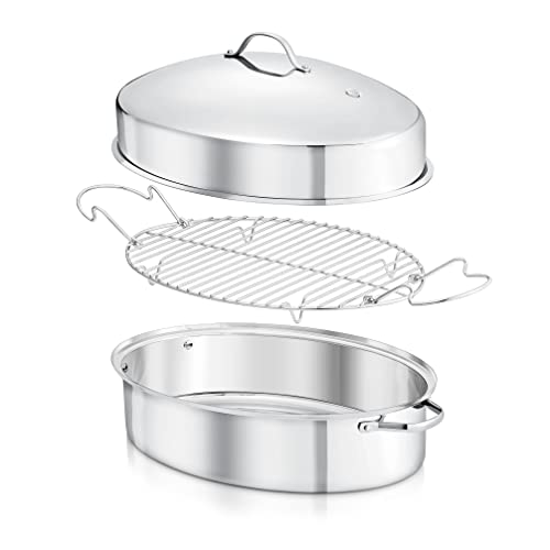 NutriChef Oval Roasting Pan, Roaster with Polished Rack, Wide Handle and Stainless Steel Lid, Turkey Chicken Roasting Pan Great for Dinners, Tender Roast, Deep Dishes, and More