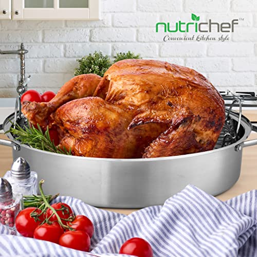 NutriChef Oval Roasting Pan, Roaster with Polished Rack, Wide Handle and Stainless Steel Lid, Turkey Chicken Roasting Pan Great for Dinners, Tender Roast, Deep Dishes, and More