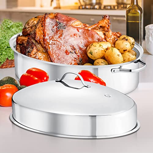 NutriChef Oval Roasting Pan, Roaster with Polished Rack, Wide Handle and Stainless Steel Lid, Turkey Chicken Roasting Pan Great for Dinners, Tender Roast, Deep Dishes, and More