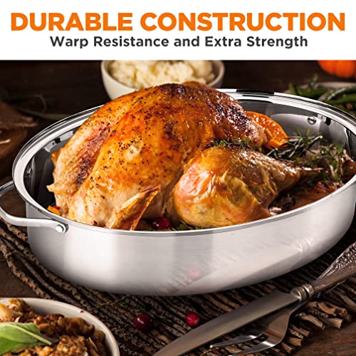 NutriChef Oval Roasting Pan, Roaster with Polished Rack, Wide Handle and Stainless Steel Lid, Turkey Chicken Roasting Pan Great for Dinners, Tender Roast, Deep Dishes, and More