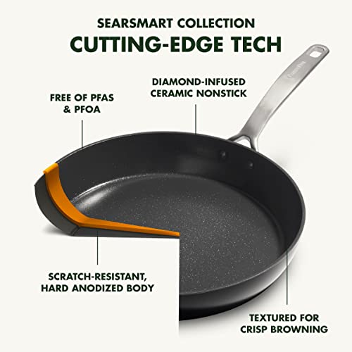 GreenPan SearSmart Hard Anodized Healthy Ceramic Nonstick, 12" Frying Pan Skillet with Lid, PFAS-Free, Textured Surface, Dishwasher Safe, Black