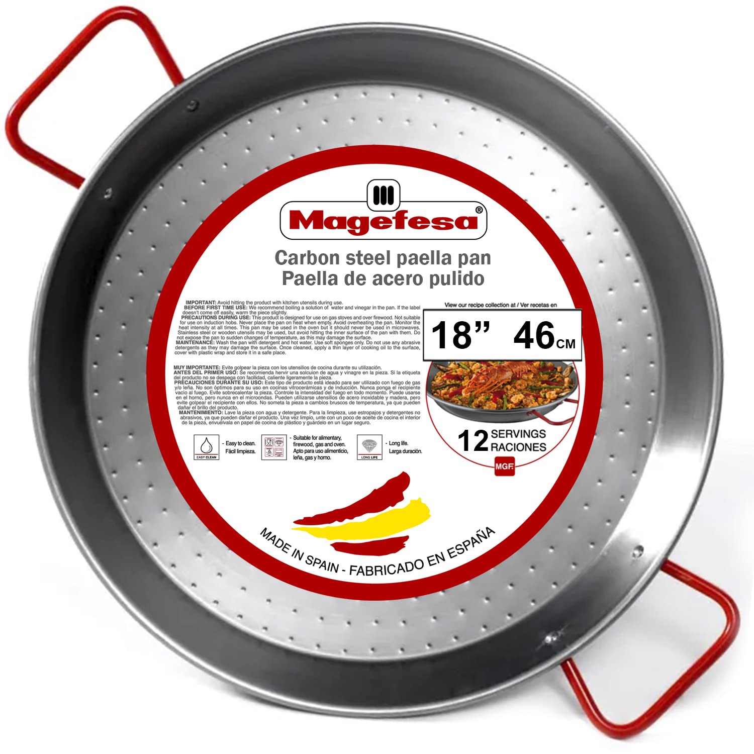 MAGEFESA® Carbon - paella pan 18 in - 46 cm for 12 Servings, made in Enameled Steel, with dimples for greater resistance and lightness, ideal for cooking outdoors, cook your own Valencian paella