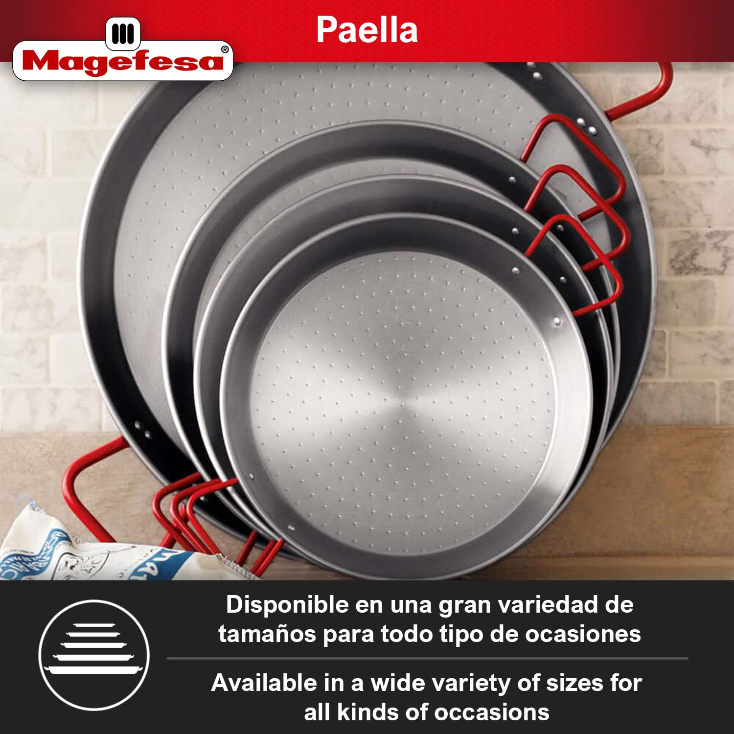 MAGEFESA® Carbon - paella pan 18 in - 46 cm for 12 Servings, made in Enameled Steel, with dimples for greater resistance and lightness, ideal for cooking outdoors, cook your own Valencian paella