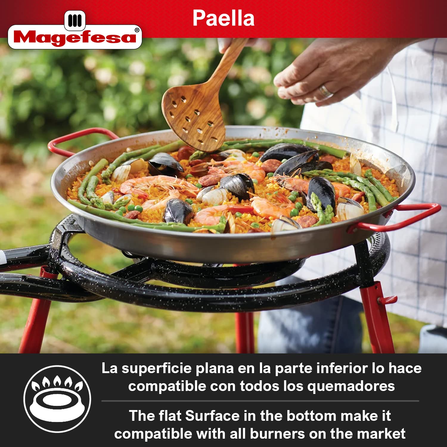 MAGEFESA® Carbon - paella pan 18 in - 46 cm for 12 Servings, made in Enameled Steel, with dimples for greater resistance and lightness, ideal for cooking outdoors, cook your own Valencian paella