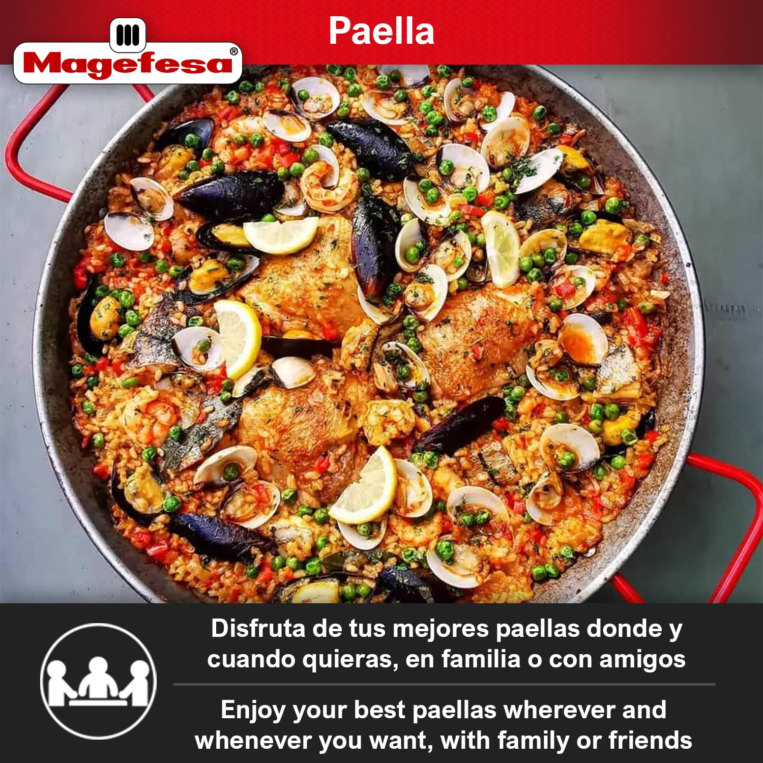 MAGEFESA® Carbon - paella pan 18 in - 46 cm for 12 Servings, made in Enameled Steel, with dimples for greater resistance and lightness, ideal for cooking outdoors, cook your own Valencian paella