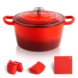 michelangelo dutch oven cast iron, 5 quart dutch oven pot with lid, cast iron dutch oven, enameled dutch oven with silicone handles & mat, dutch oven 5 qt red