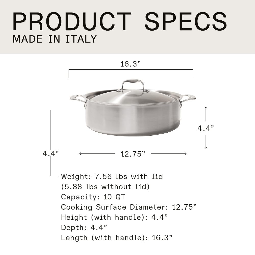 Made In Cookware - 10 Quart Stainless Steel Rondeau Pot w/Lid - 5 Ply Stainless Clad - Professional Cookware - Crafted in Italy - Induction Compatible