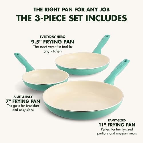 GreenPan Rio Healthy Ceramic Nonstick 7" 9.5" and 11" Frying Pan Skillet Set, PFAS-Free, Dishwasher Safe, Turquoise