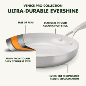 GreenPan Venice Pro Tri-Ply Stainless Steel Healthy Ceramic Nonstick 10" and 12" Frying Pan Skillet Set, PFAS-Free, Multi Clad, Induction, Dishwasher Safe, Oven Safe, Silver