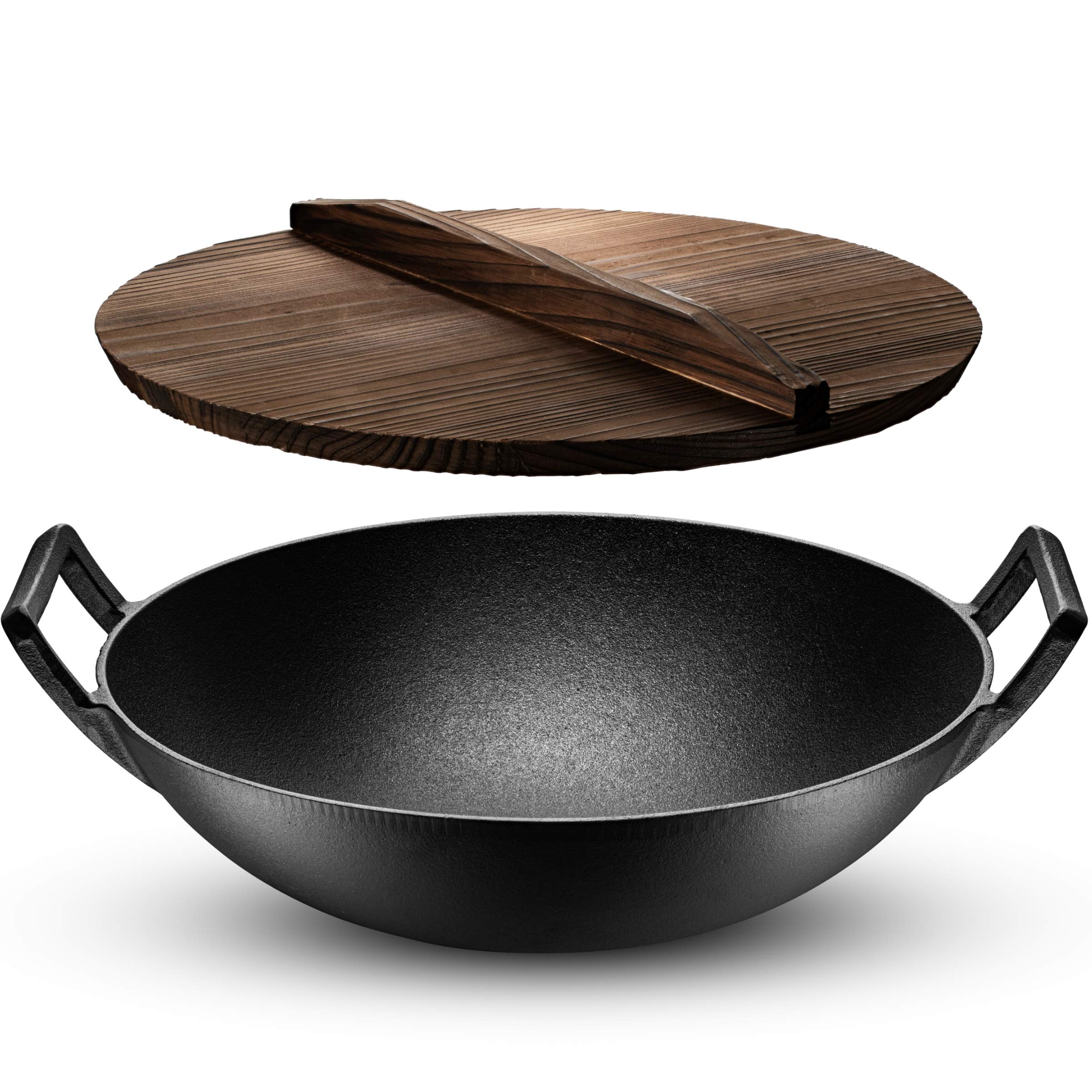 Klee Pre-Seasoned Cast Iron Wok Pan with Wood Wok Lid and Handles - 14" Large Wok Pan with Flat Base and Non-Stick Surface for Deep Frying, Stir-Frying, Grilling, Steaming - Stovetop and Oven Safe