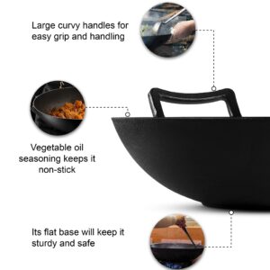 Klee Pre-Seasoned Cast Iron Wok Pan with Wood Wok Lid and Handles - 14" Large Wok Pan with Flat Base and Non-Stick Surface for Deep Frying, Stir-Frying, Grilling, Steaming - Stovetop and Oven Safe