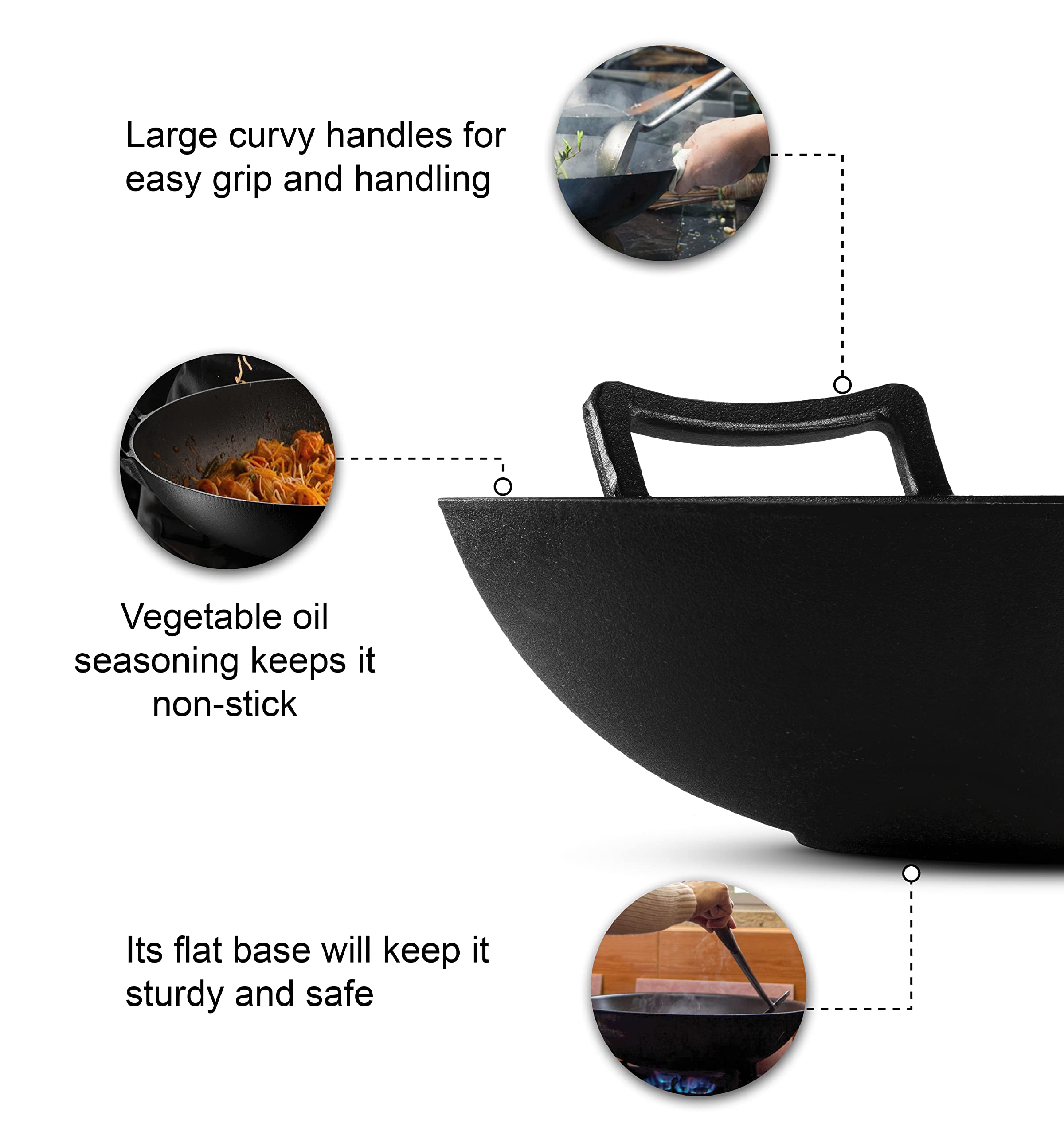Klee Pre-Seasoned Cast Iron Wok Pan with Wood Wok Lid and Handles - 14" Large Wok Pan with Flat Base and Non-Stick Surface for Deep Frying, Stir-Frying, Grilling, Steaming - Stovetop and Oven Safe