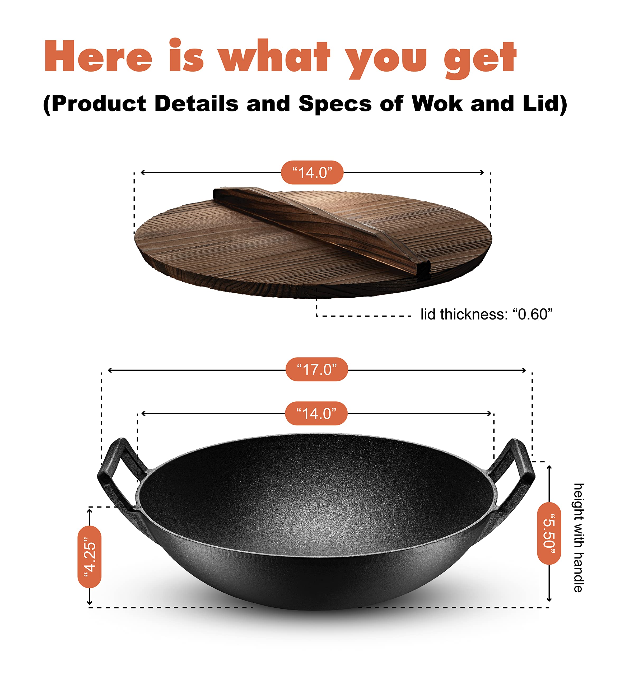 Klee Pre-Seasoned Cast Iron Wok Pan with Wood Wok Lid and Handles - 14" Large Wok Pan with Flat Base and Non-Stick Surface for Deep Frying, Stir-Frying, Grilling, Steaming - Stovetop and Oven Safe