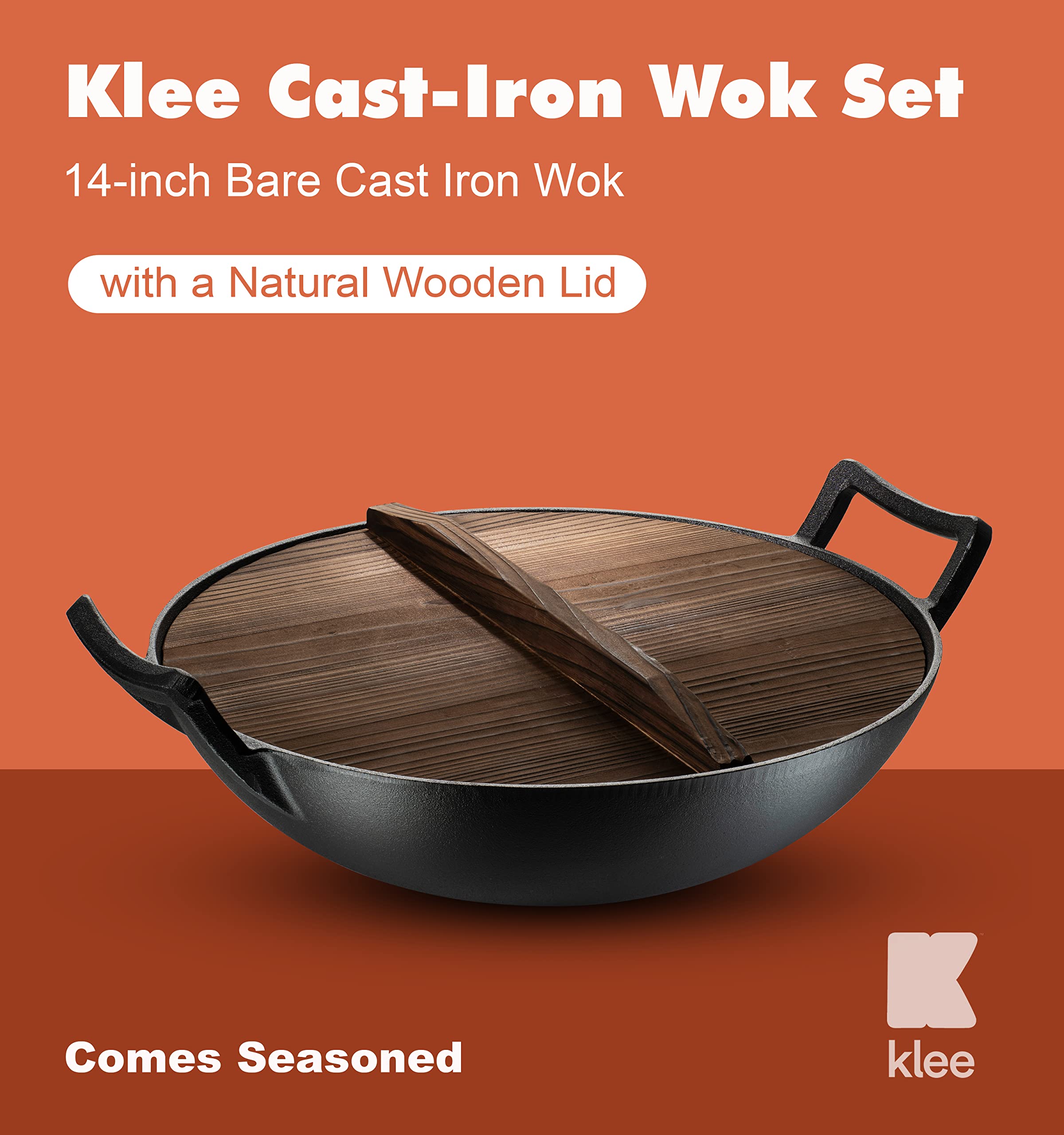Klee Pre-Seasoned Cast Iron Wok Pan with Wood Wok Lid and Handles - 14" Large Wok Pan with Flat Base and Non-Stick Surface for Deep Frying, Stir-Frying, Grilling, Steaming - Stovetop and Oven Safe