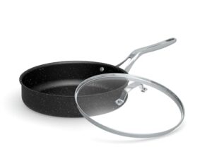 the rock by starfrit 11" deep fry pan with glass lid and stainless steel handles, black
