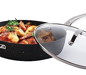 THE ROCK by Starfrit 11" Deep Fry Pan with Glass Lid and Stainless Steel Handles, Black