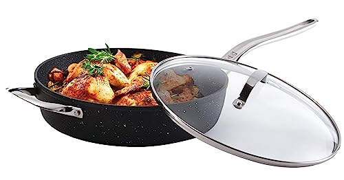 THE ROCK by Starfrit 11" Deep Fry Pan with Glass Lid and Stainless Steel Handles, Black