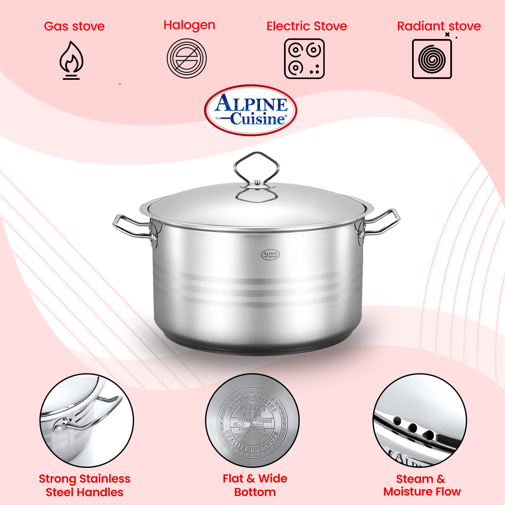 Alpine Cuisine Stainless Steel Pot with Lid 8 Quart - Stainless Steel Heavy Duty, Commercial Grade Healthy Cookware kitchen Dutch oven, Dishwasher Safe