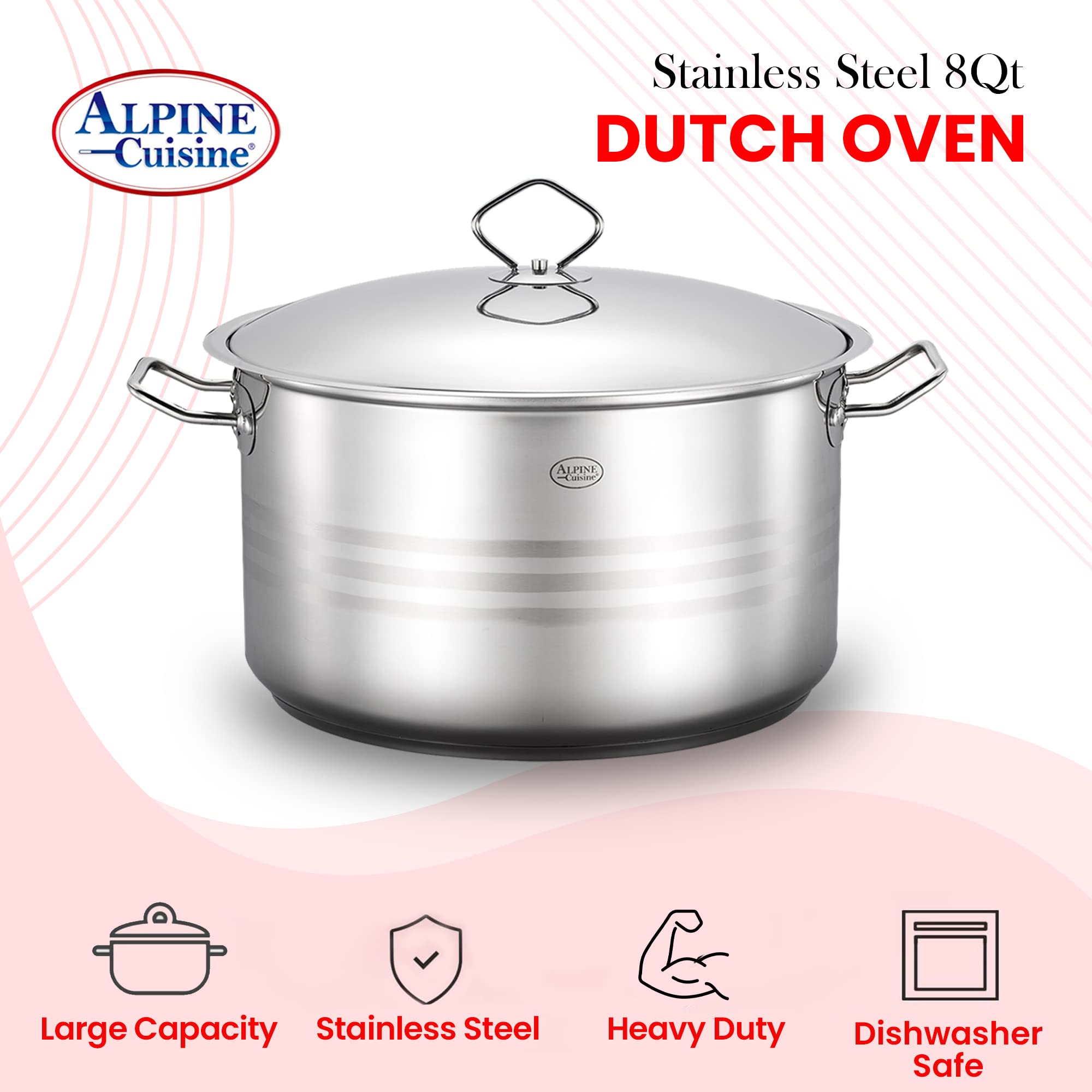 Alpine Cuisine Stainless Steel Pot with Lid 8 Quart - Stainless Steel Heavy Duty, Commercial Grade Healthy Cookware kitchen Dutch oven, Dishwasher Safe