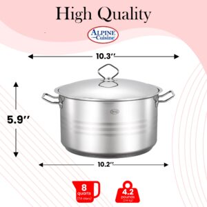 Alpine Cuisine Stainless Steel Pot with Lid 8 Quart - Stainless Steel Heavy Duty, Commercial Grade Healthy Cookware kitchen Dutch oven, Dishwasher Safe