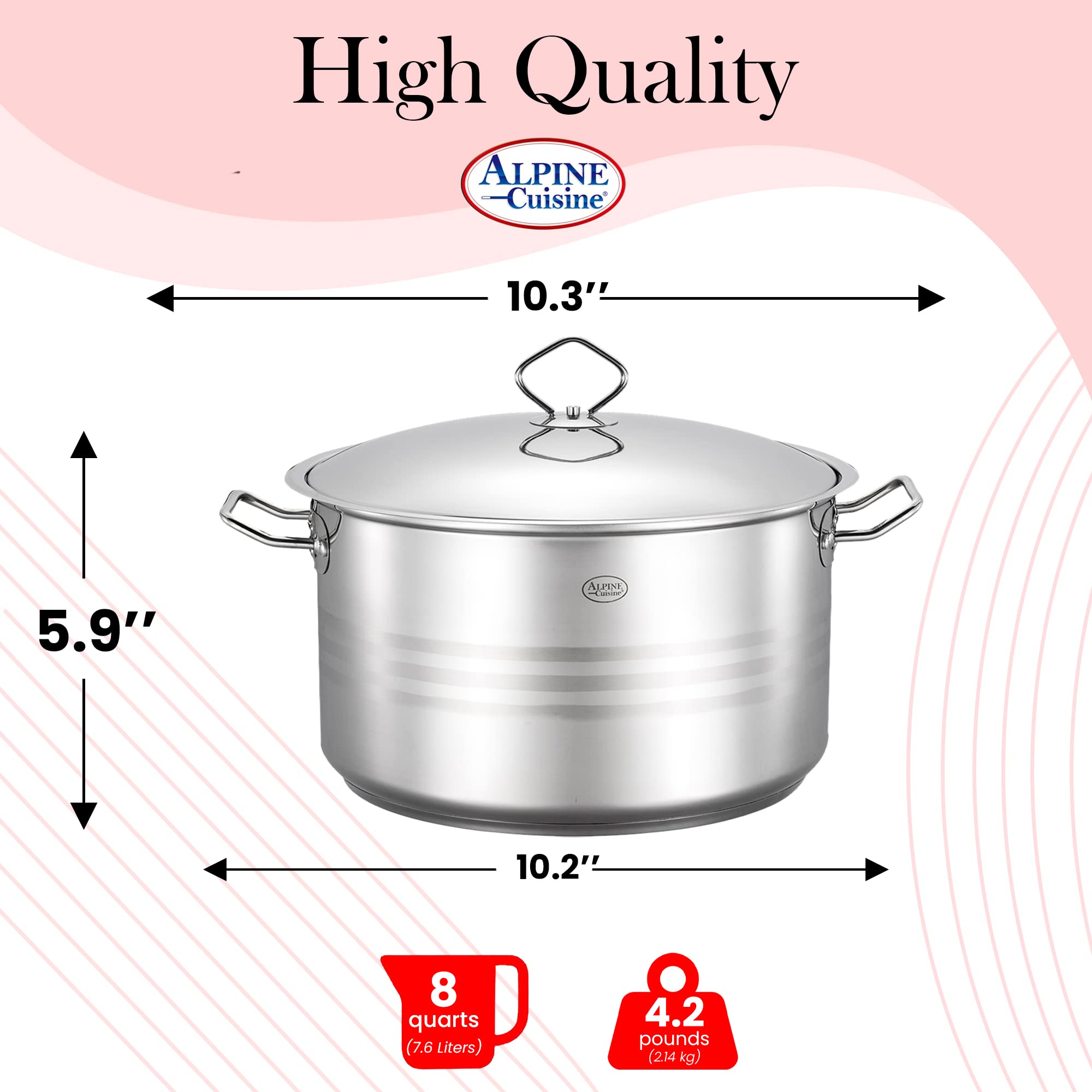 Alpine Cuisine Stainless Steel Pot with Lid 8 Quart - Stainless Steel Heavy Duty, Commercial Grade Healthy Cookware kitchen Dutch oven, Dishwasher Safe