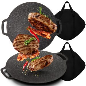 2 pcs korean bbq grill pan 6 layer coating non stick grill round griddle pan with 2 pcs cover bag for gas open fire camping home outdoor stoves, circular size 13 inches
