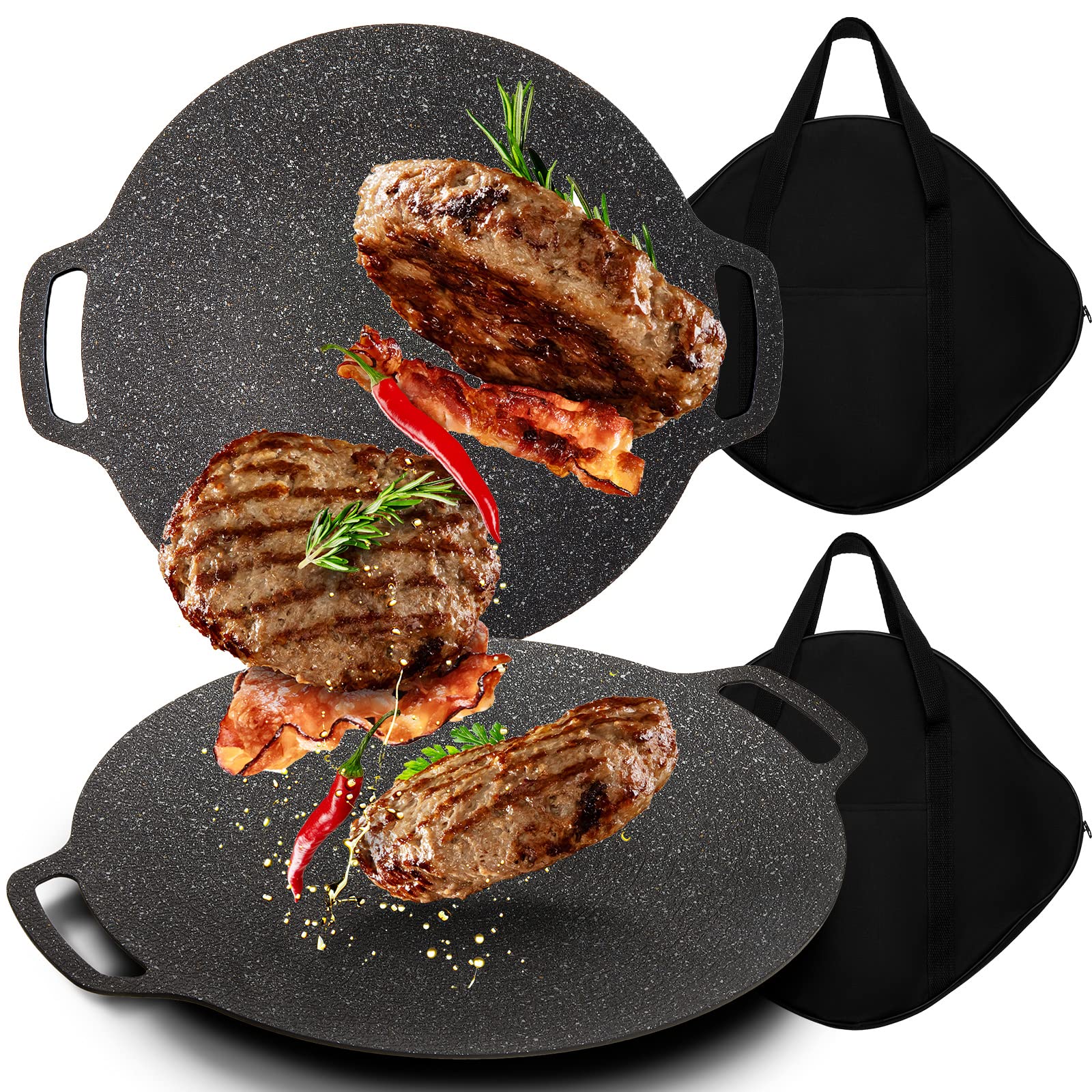 2 Pcs Korean BBQ Grill Pan 6 Layer Coating Non Stick Grill Round Griddle Pan with 2 Pcs Cover Bag for Gas Open Fire Camping Home Outdoor Stoves, Circular Size 13 Inches