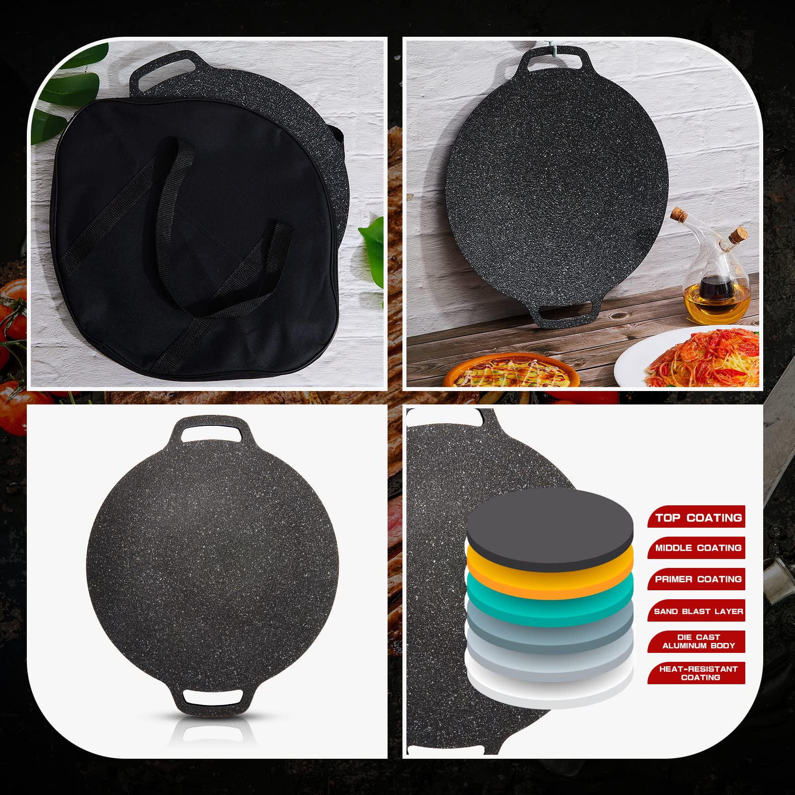 2 Pcs Korean BBQ Grill Pan 6 Layer Coating Non Stick Grill Round Griddle Pan with 2 Pcs Cover Bag for Gas Open Fire Camping Home Outdoor Stoves, Circular Size 13 Inches