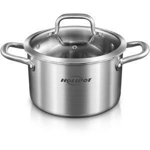 holipot stock pot, 3.5 quart tri-ply stainless steel pot with double handle, soup cooking pot with lid and mini silicone oven mitts, induction compatible, dishwasher safe