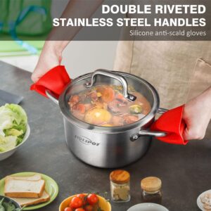 HOLIPOT Stock Pot, 3.5 Quart Tri-Ply Stainless Steel Pot with Double Handle, Soup Cooking Pot with Lid and Mini Silicone Oven Mitts, Induction Compatible, Dishwasher Safe