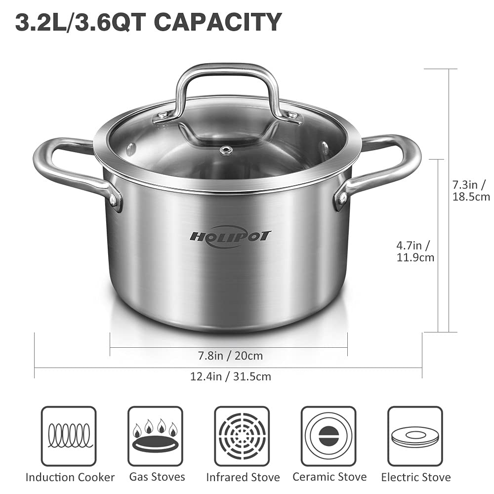 HOLIPOT Stock Pot, 3.5 Quart Tri-Ply Stainless Steel Pot with Double Handle, Soup Cooking Pot with Lid and Mini Silicone Oven Mitts, Induction Compatible, Dishwasher Safe