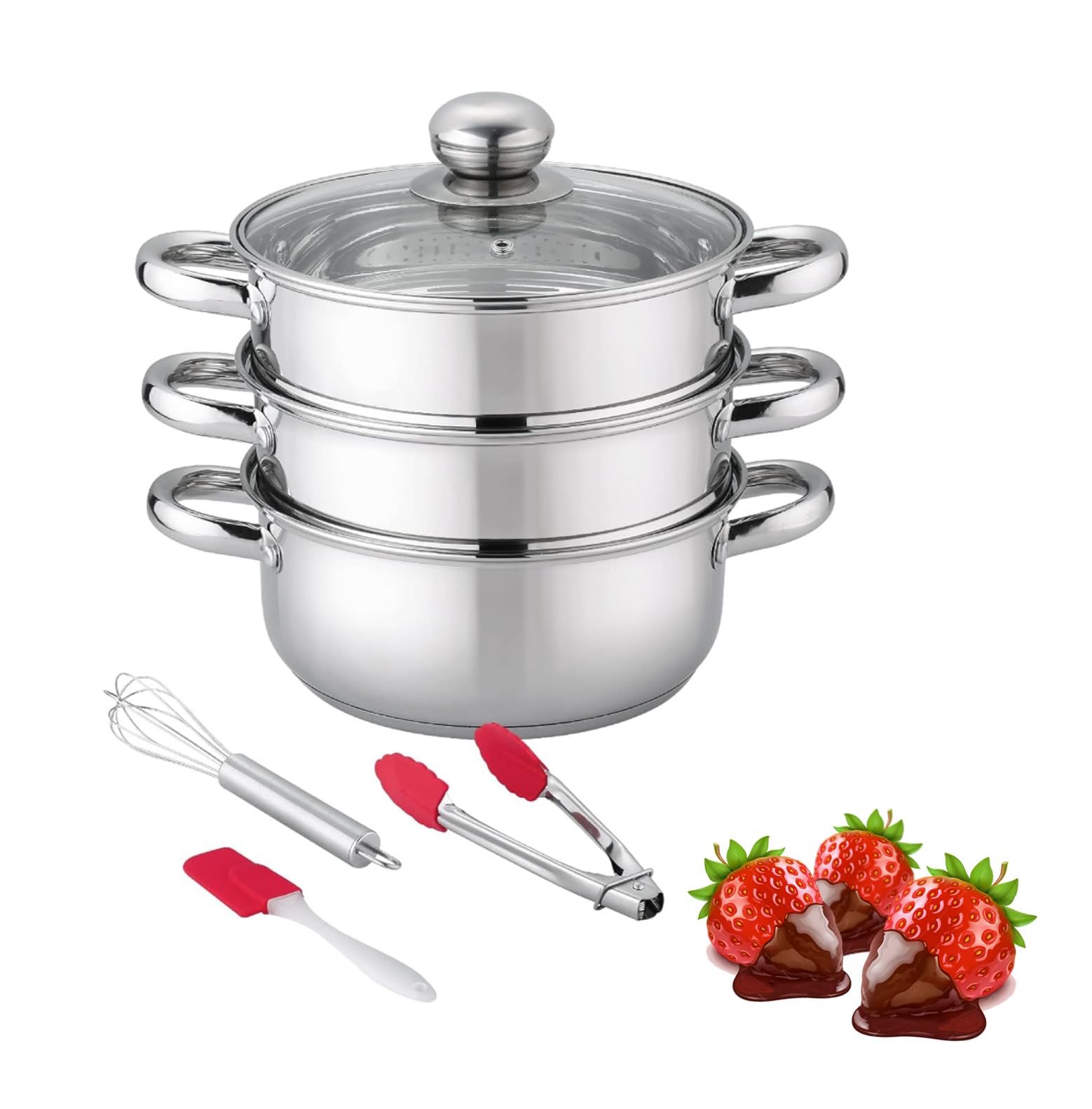 Double Boiler & Steam Pots for Chocolate and Fondue Melting Pot, Candle Making, Stainless Steel Steamer with Tempered Glass Lid for Clear View while Cooking, Dishwasher (3 Cooking Utensils Set)