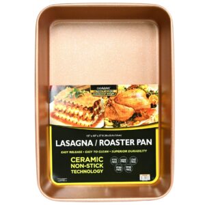 casaware 15 x 10 x 3-inch ultimate series commercial weight ceramic non-stick coated lasagna/roasting pan (rose gold granite)