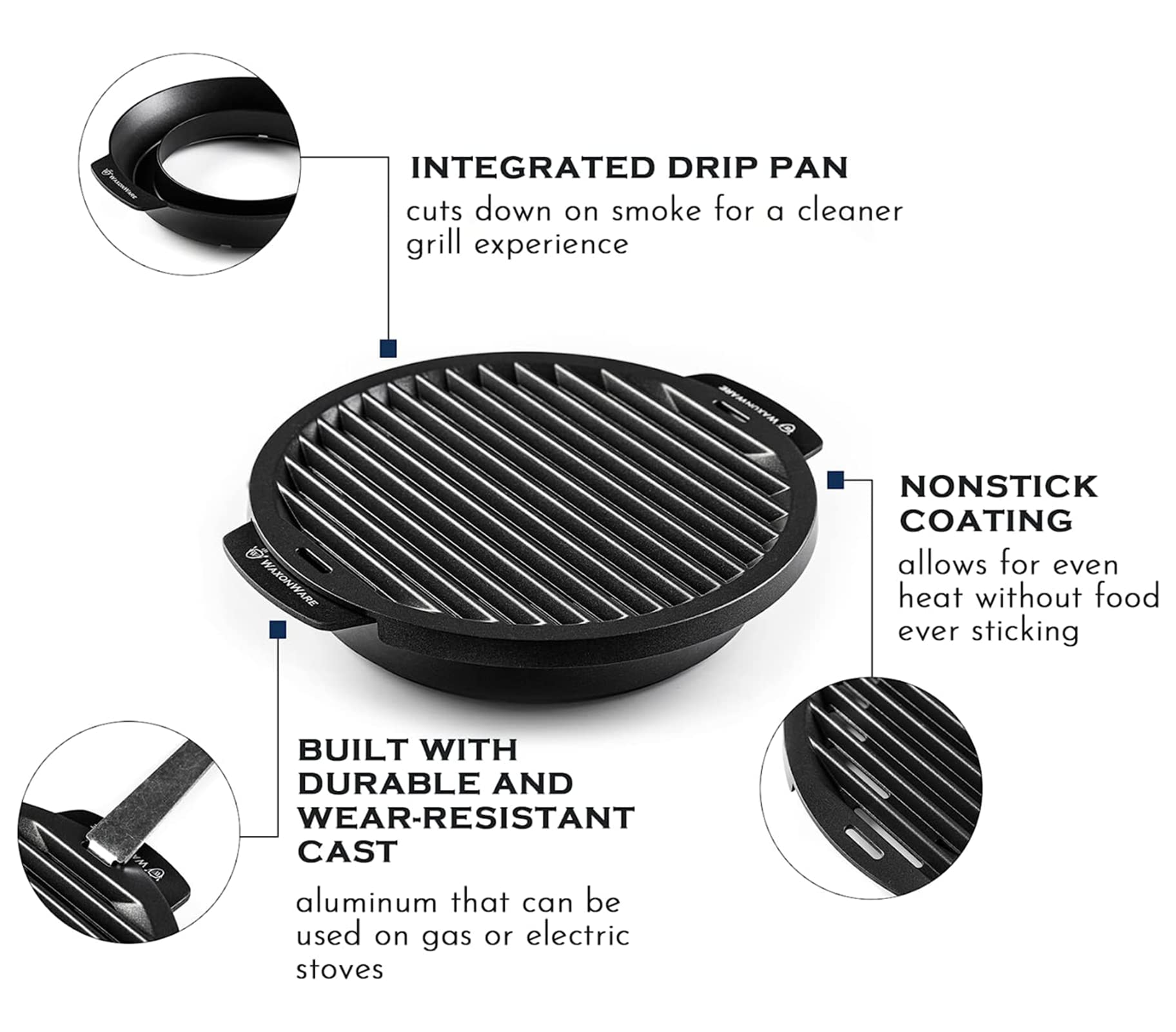 Grill Pan For StoveTop Nonstick - Griddle Pan for Stove Top - Smokeless BBQ Grilling Pan For Electric Stove, Gas Stove Grill - Steak Pan, Fish, Chicken, Vegetables - 12 Inches - Black - WaxonWare