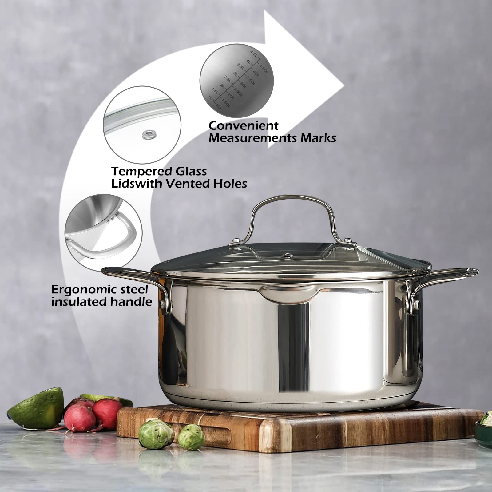 MOBUTA USA Stainless Steel Stock Pot 5-Quart, Nonstick Stock Pot All Stove Compatible,Silver