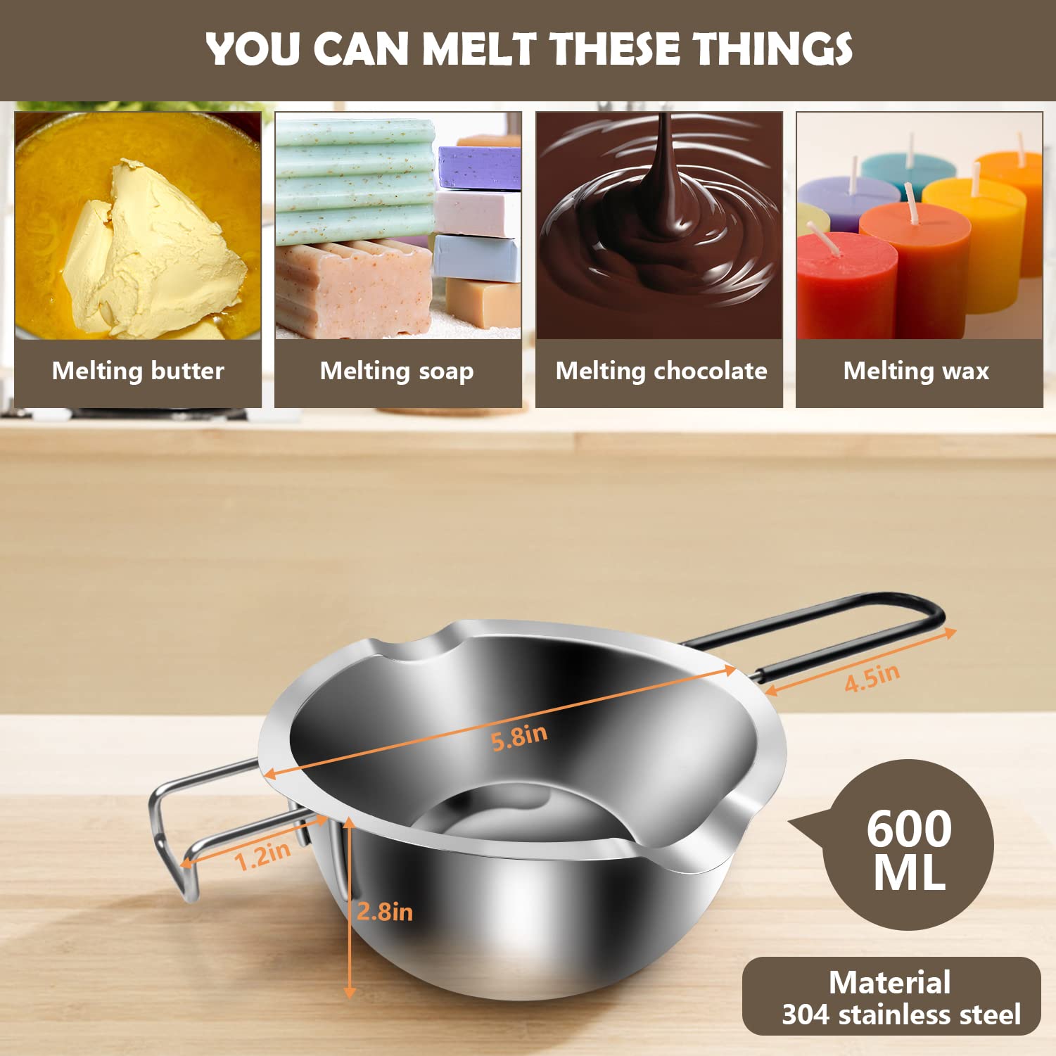 Artcome Double Boiler Melting Pot Set - 600ML/0.6QT Chocolate Melting Pot, 1600ML/1.7QT Stainless Steel Pot, Decorating Spoons, Silicone Spatula and Dipping Tool for Melting Chocolate, Candy, Soap
