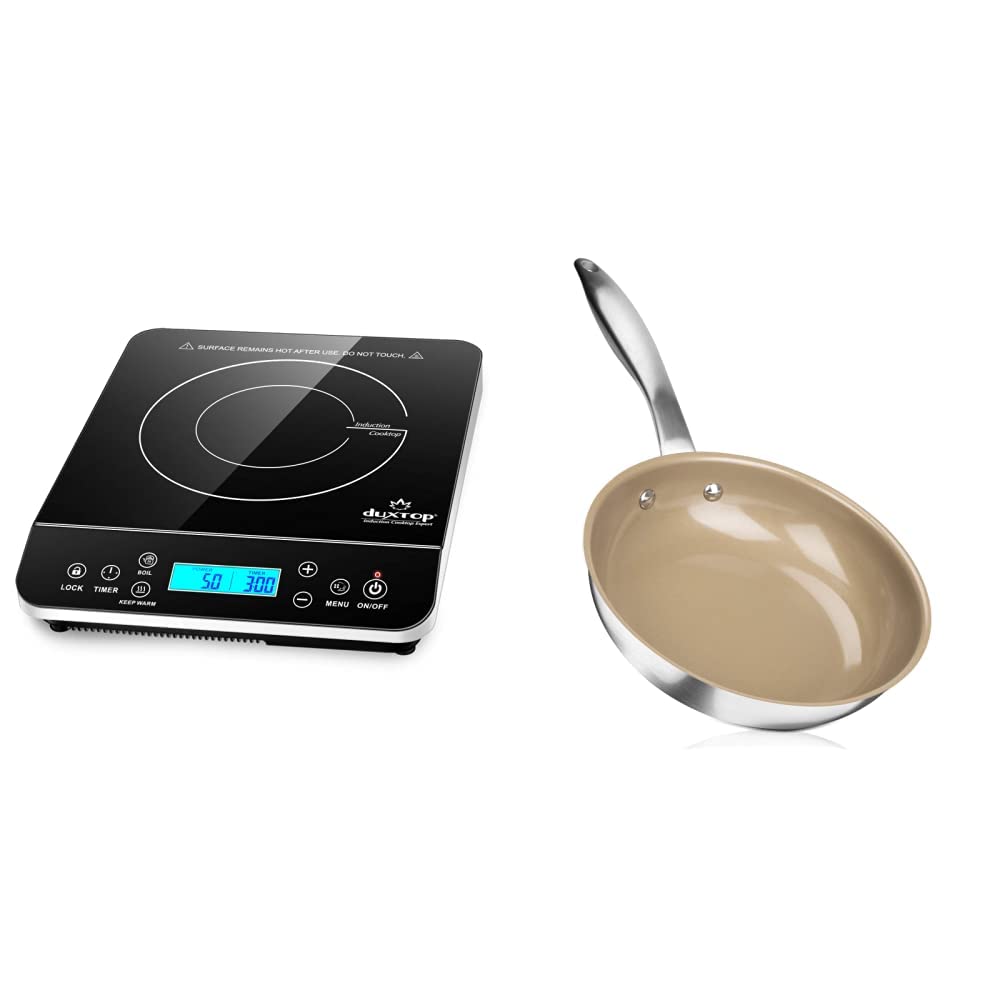 Duxtop Portable Induction Cooktop, Silver 9600LS/BT-200DZ & Ceramic Non-stick Frying Pan, Stainless Steel Induction Frying Pan, 8-Inch Stir Fry Pan with Heavy-gauge Impact-bonded Bottom, FUSION Ti