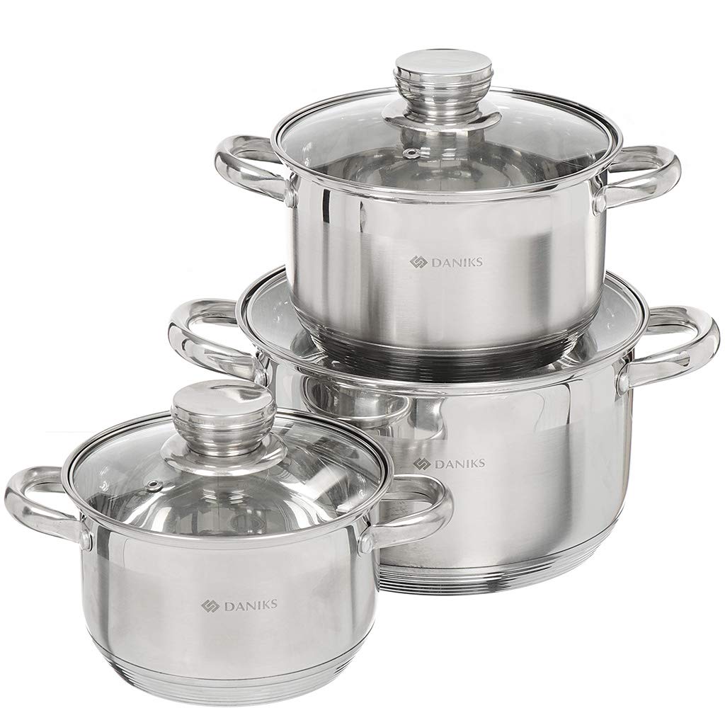 Daniks Standard Stainless Steel Kitchen Induction Pot Cookware Set | 6-Piece | Dishwasher Safe Pots | 2 Quart + 3 Quart + 4 Quart | Measuring Scale | Silver