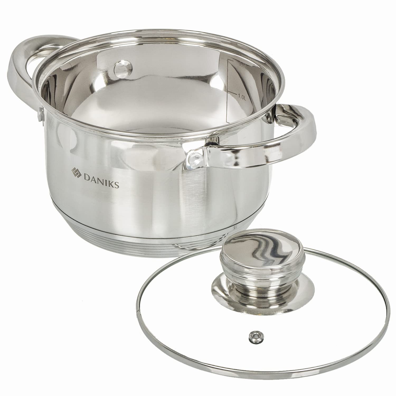 Daniks Standard Stainless Steel Kitchen Induction Pot Cookware Set | 6-Piece | Dishwasher Safe Pots | 2 Quart + 3 Quart + 4 Quart | Measuring Scale | Silver