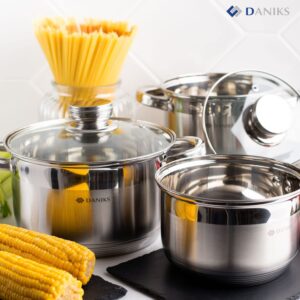 Daniks Standard Stainless Steel Kitchen Induction Pot Cookware Set | 6-Piece | Dishwasher Safe Pots | 2 Quart + 3 Quart + 4 Quart | Measuring Scale | Silver