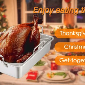 TeamFar Roasting Pan, 15 Inch Large Turkey Roaster Lasagna Pan with V Rack & Cooling Rack Set Stainless Steel For Thanksgiving Christmas, Healthy & Heavy Duty, Deep Side & Dishwasher Safe - 3 PCS