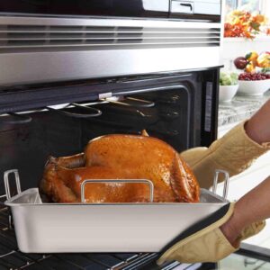 TeamFar Roasting Pan, 15 Inch Large Turkey Roaster Lasagna Pan with V Rack & Cooling Rack Set Stainless Steel For Thanksgiving Christmas, Healthy & Heavy Duty, Deep Side & Dishwasher Safe - 3 PCS