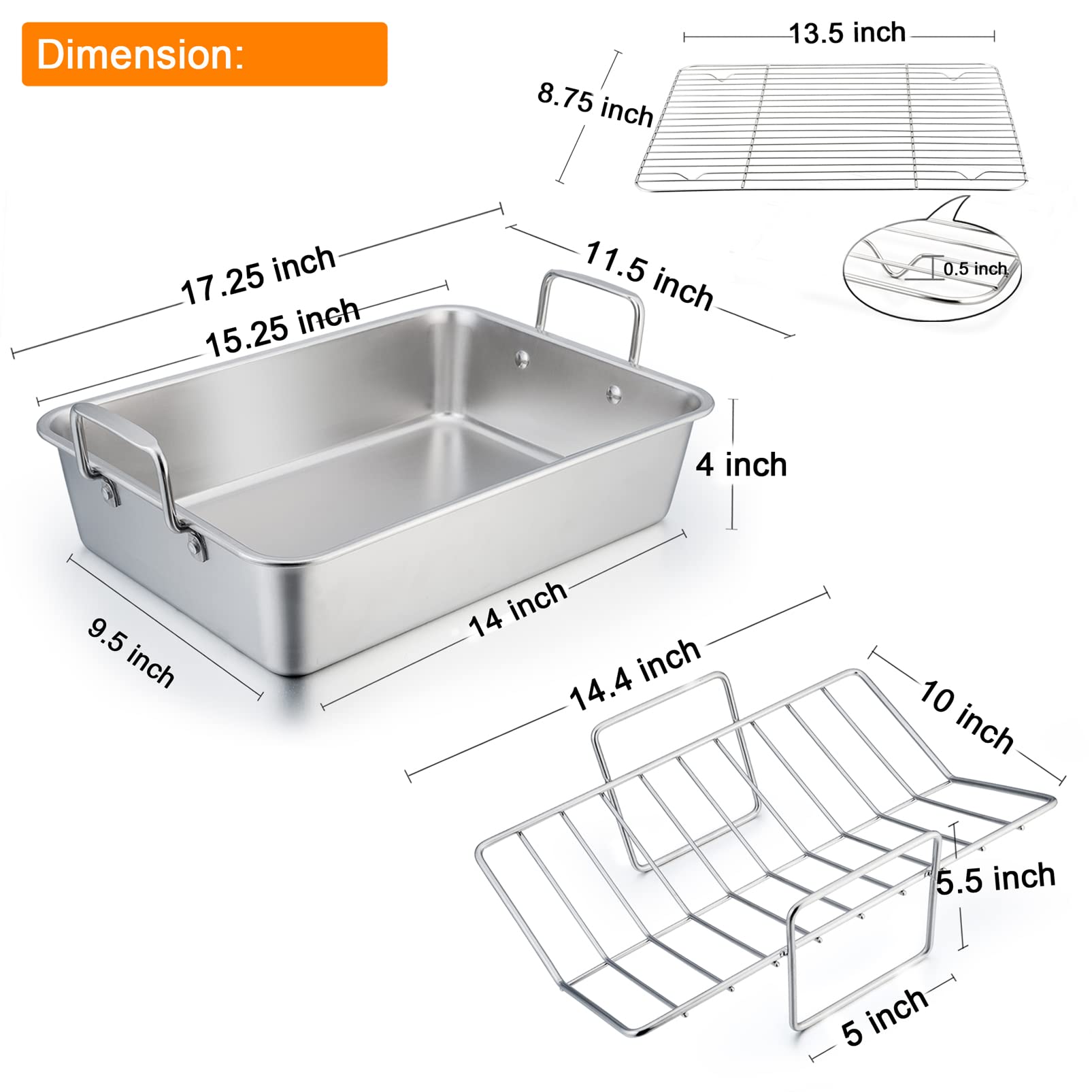 TeamFar Roasting Pan, 15 Inch Large Turkey Roaster Lasagna Pan with V Rack & Cooling Rack Set Stainless Steel For Thanksgiving Christmas, Healthy & Heavy Duty, Deep Side & Dishwasher Safe - 3 PCS