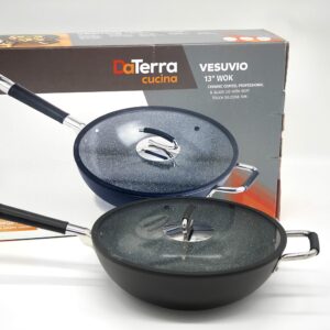 DaTerra Cucina Professional 13 Inch Wok with Glass Lid | Italian Made Ceramic Wok Pan Chef's Favorite Large Wok for All-Around Ease of Cooking Eggs, Burgers, Vegetables and More