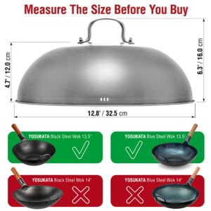 YOSUKATA Carbon Steel Wok Pan – 13,5 “ Woks and Stir Fry Pans + Wok Lid 12.8 Inch - Premium Stainless Wok Cover with Tempered Glass Insert Steam Holes and Ergonomic Handle
