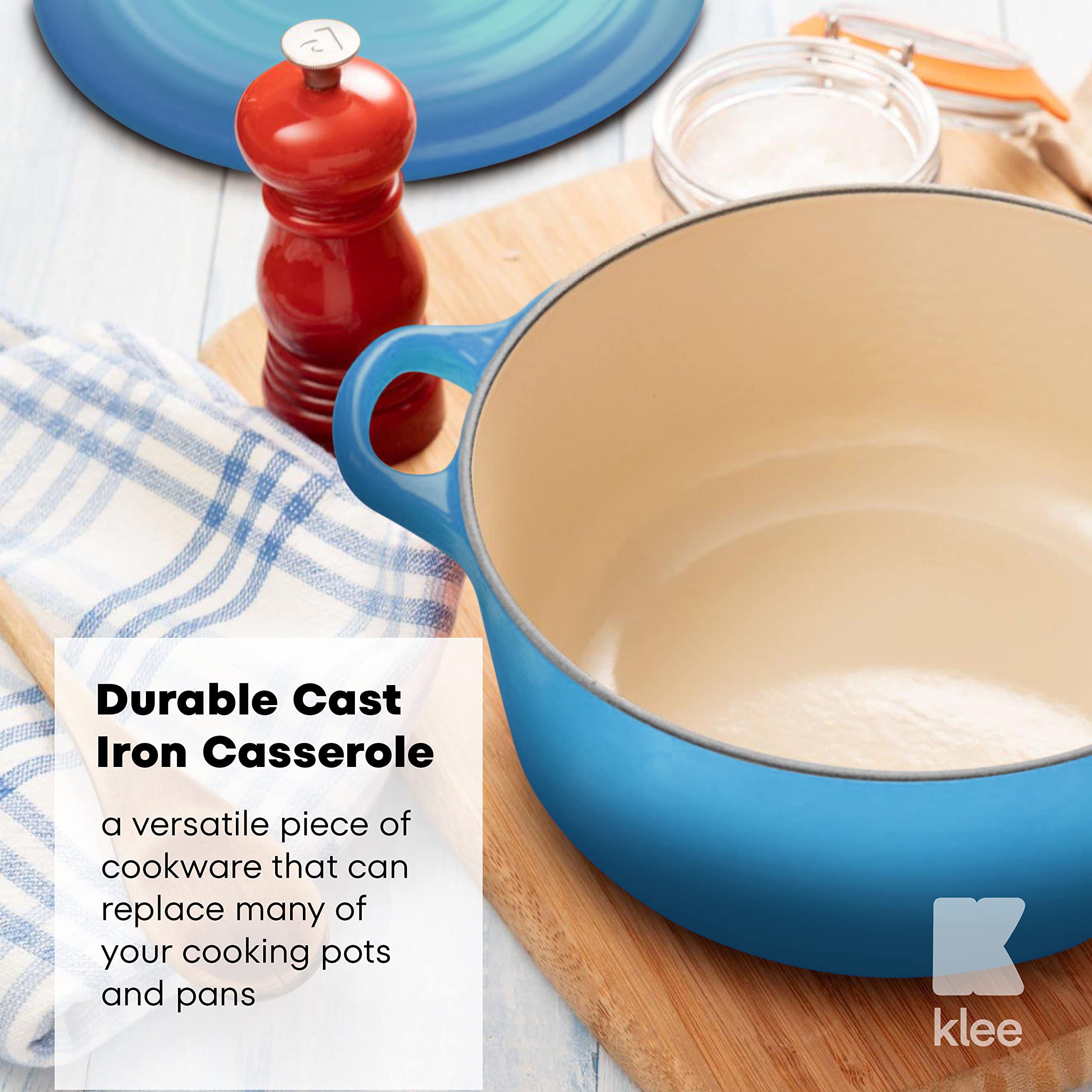 Klee 4-Quart Dutch Oven Pot with Self-Basting Lid (Dusty-blue) - Heavy-Duty Enameled Cast Iron Dutch Oven Casserole Dish for Braising, Broiling, Baking, Frying, and More - Oven-Safe Up To 500°F