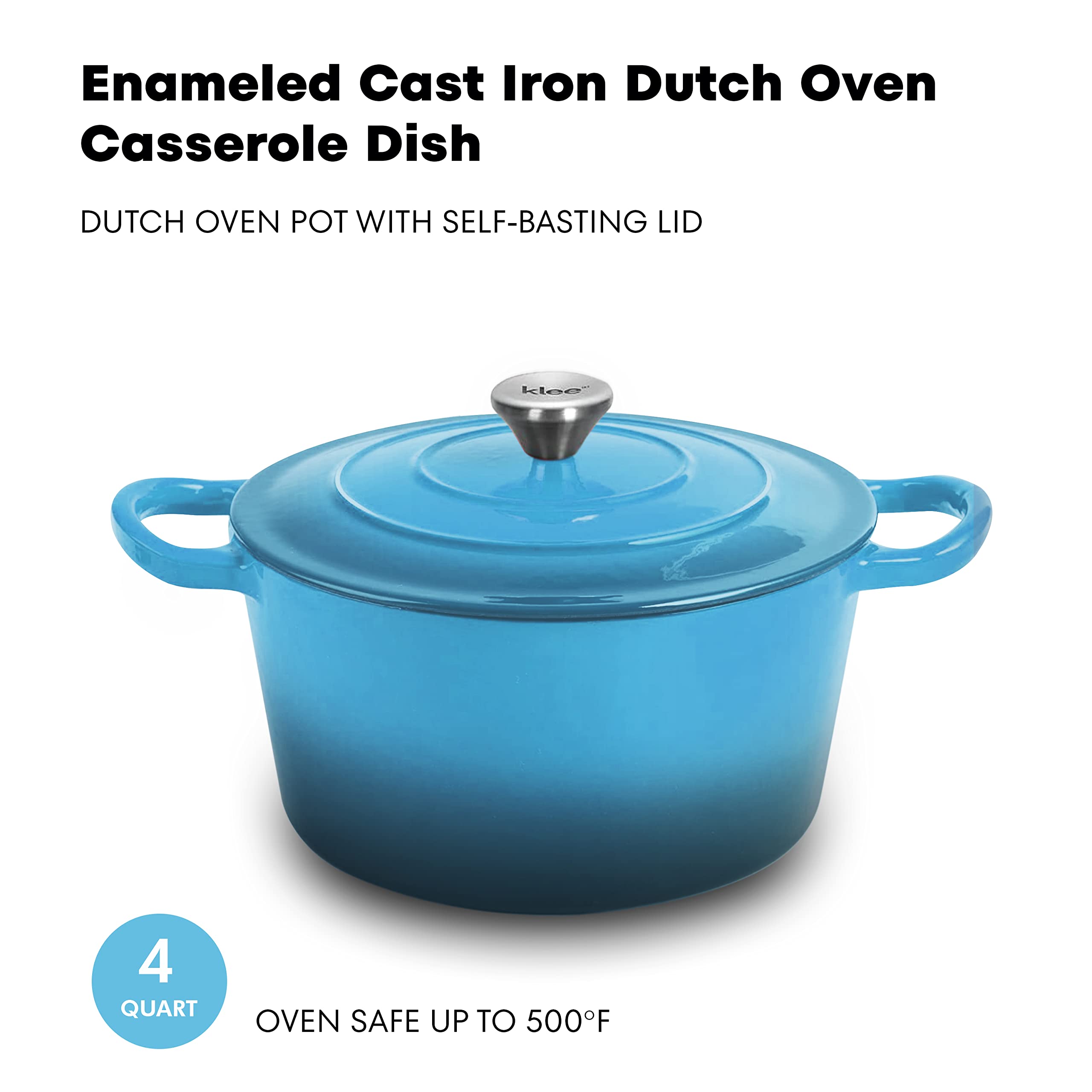 Klee 4-Quart Dutch Oven Pot with Self-Basting Lid (Dusty-blue) - Heavy-Duty Enameled Cast Iron Dutch Oven Casserole Dish for Braising, Broiling, Baking, Frying, and More - Oven-Safe Up To 500°F