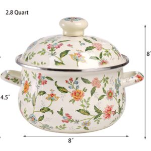 Jucoan 2.8 Quart Vintage Enamel Stockpot, Green Floral Enamel on Steel Stock Pot with Lid, Deep Enamelware Cooking Pot Stew Pot with Dural Handle for Stove Top, Gift for Housewarming Wedding Birthday