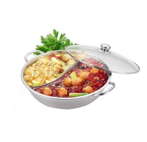 yzakka stainless steel shabu shabu hot pot pot with divider for induction cooktop gas stove (13 in, with cover)